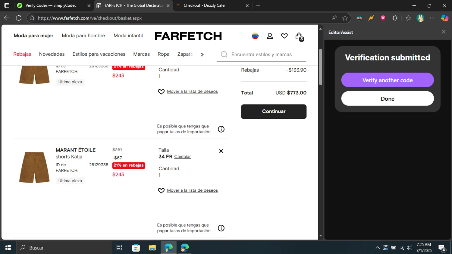 Farfetch promo code screenshot showing code 60%OFF applied at Farfetch checkout page. Uploaded by SimplyCodes community member Don_Quixote on Jul 1, 2025