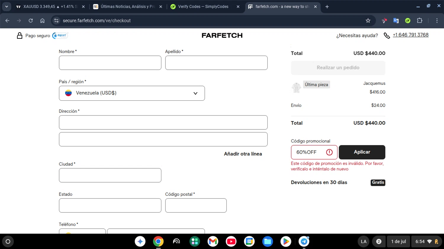 Farfetch promo code screenshot showing code 60%OFF applied at Farfetch checkout page. Uploaded by SimplyCodes community member robertogonzalez on Jul 1, 2025