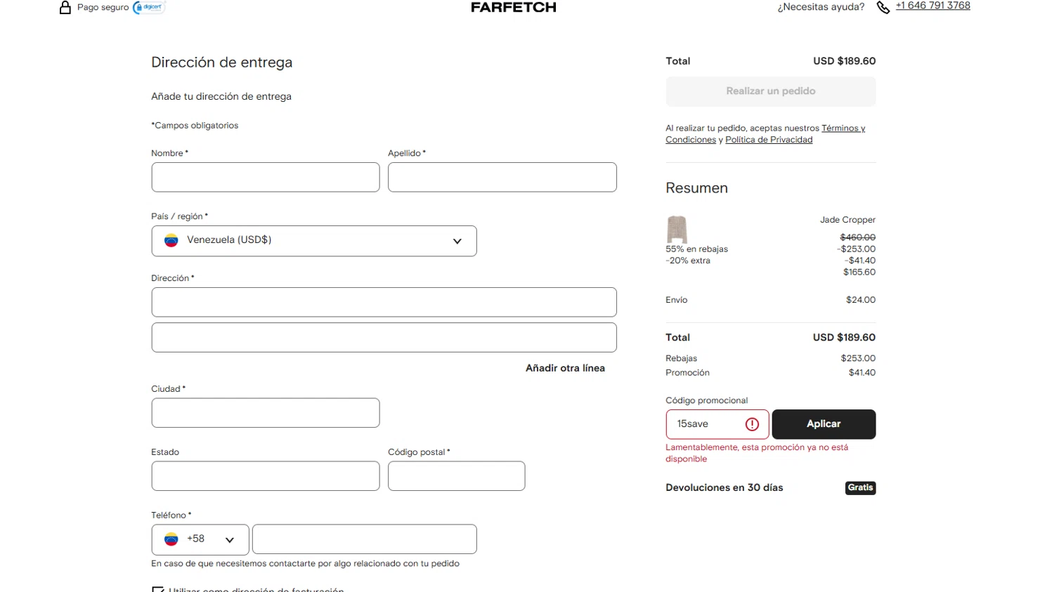 Farfetch promo code screenshot showing code 15save applied at Farfetch checkout page. Uploaded by SimplyCodes community member D_9278 on Aug 6, 2025