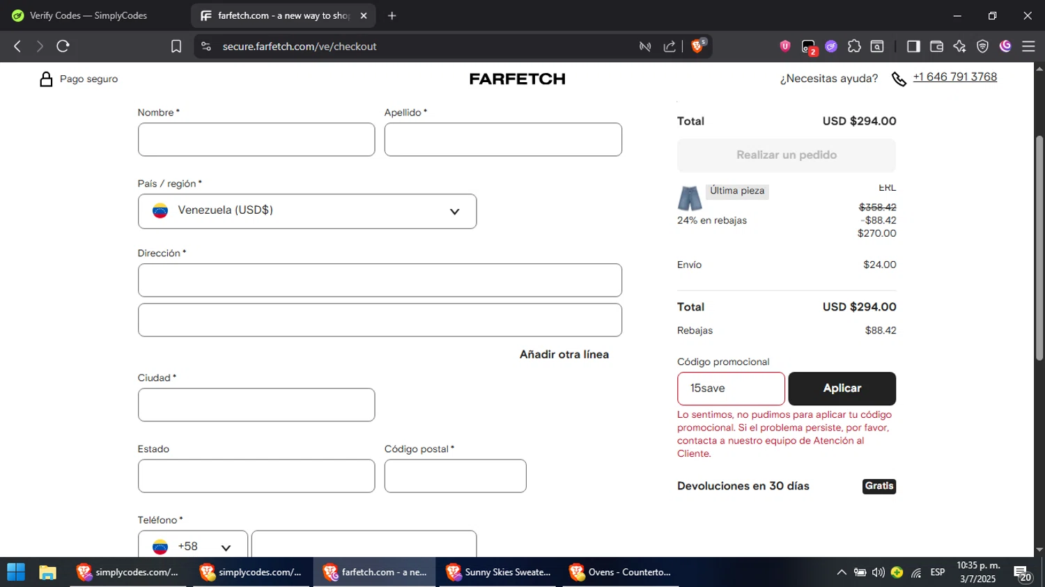 Farfetch promo code screenshot showing code 15save applied at Farfetch checkout page. Uploaded by SimplyCodes community member RebateCaptain6440 on Jul 4, 2025