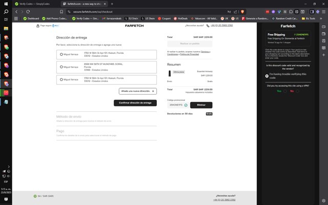 Farfetch checkout page showing Farfetch promo code box | Screenshot taken by SimplyCodes community member on Aug 23, 2025