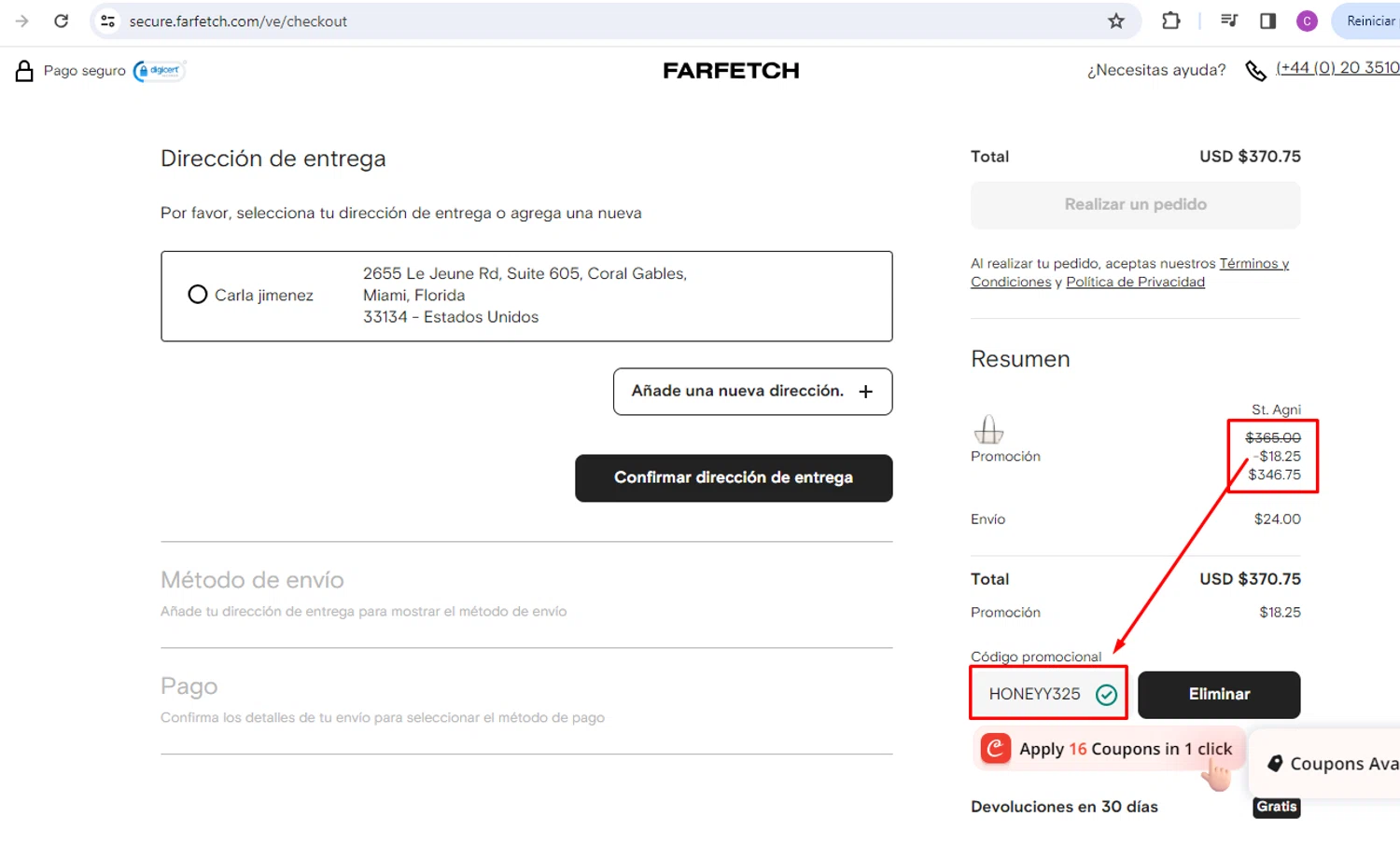 Farfetch promo code screenshot showing code HONEYY325 applied at Farfetch checkout page. Uploaded by SimplyCodes community member nileskamarcano on Aug 15, 2025