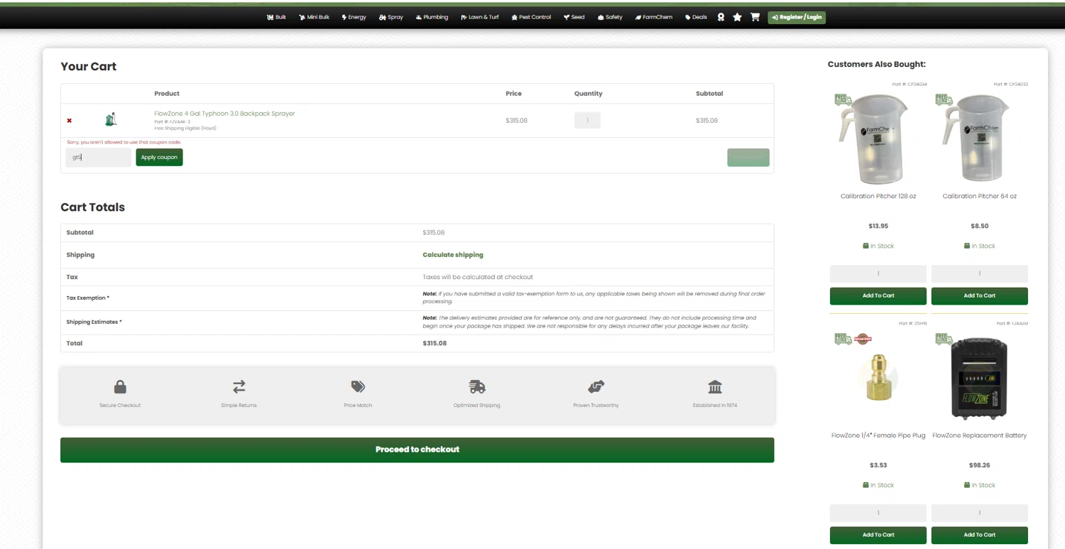 FarmChem promo code screenshot showing code gt5 applied at FarmChem checkout page. Uploaded by SimplyCodes community member reggiesmith on Feb 9, 2026