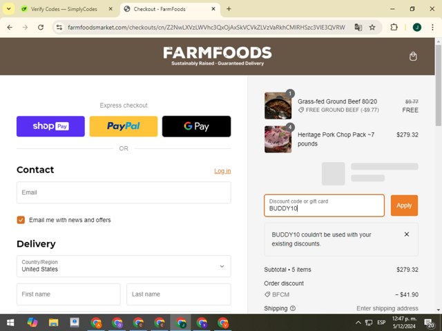 Farm Foods checkout page showing Farm Foods promo code box | Screenshot taken by SimplyCodes community member on Dec 5, 2024