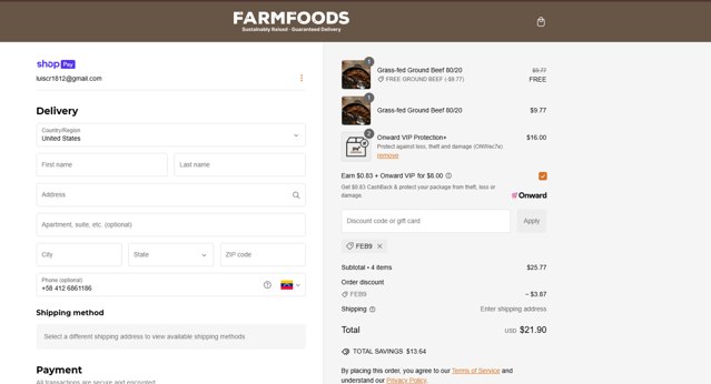 Farm Foods checkout page showing Farm Foods promo code box | Screenshot taken by SimplyCodes community member on Dec 12, 2024