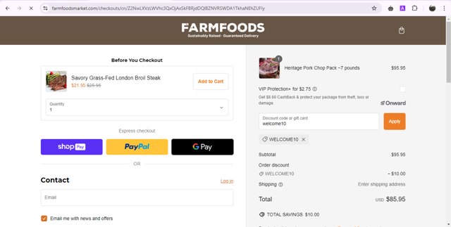 Farm Foods checkout page showing Farm Foods promo code box | Screenshot taken by SimplyCodes community member on Oct 16, 2024