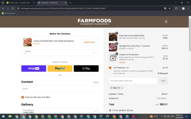Farm Foods checkout page showing Farm Foods promo code box | Screenshot taken by SimplyCodes community member on Oct 10, 2024