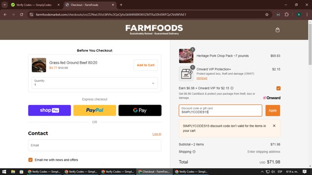 Farm Foods checkout page showing Farm Foods promo code box | Screenshot taken by SimplyCodes community member on Nov 9, 2024