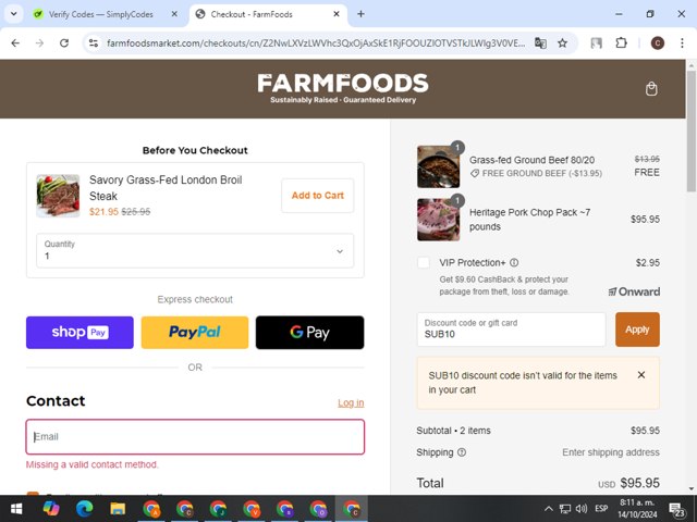 Farm Foods checkout page showing Farm Foods promo code box | Screenshot taken by SimplyCodes community member on Oct 14, 2024
