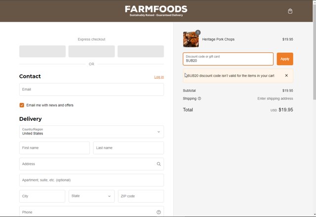 Farm Foods checkout page showing Farm Foods promo code box | Screenshot taken by SimplyCodes community member on Oct 12, 2024