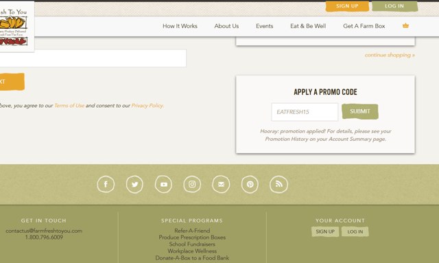 Farm Fresh To You checkout page showing Farm Fresh To You promo code box | Screenshot taken by SimplyCodes community member on May 17, 2025