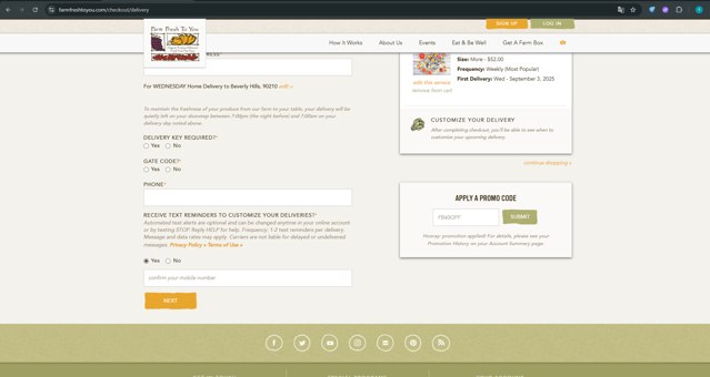 Farm Fresh To You checkout page showing Farm Fresh To You promo code box | Screenshot taken by SimplyCodes community member on Aug 31, 2025