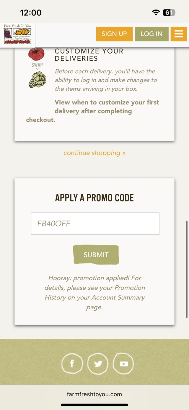 Farm Fresh To You checkout page showing Farm Fresh To You promo code box | Screenshot taken by SimplyCodes community member on Aug 1, 2025