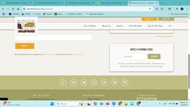 Farm Fresh To You checkout page showing Farm Fresh To You promo code box | Screenshot taken by SimplyCodes community member on Aug 2, 2025