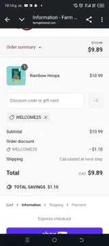 Welcome25 coupon verification screenshot