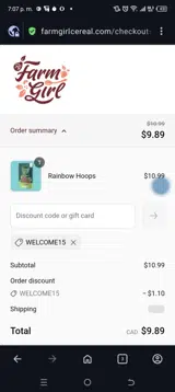 Welcome15 coupon verification screenshot
