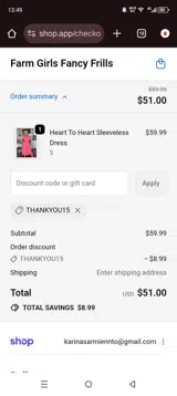THANKYOU15 coupon verification screenshot