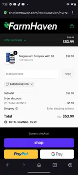 FarmHaven10 coupon verification screenshot