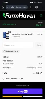 FARMHAVEN coupon verification screenshot