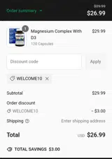 Welcome10 coupon verification screenshot