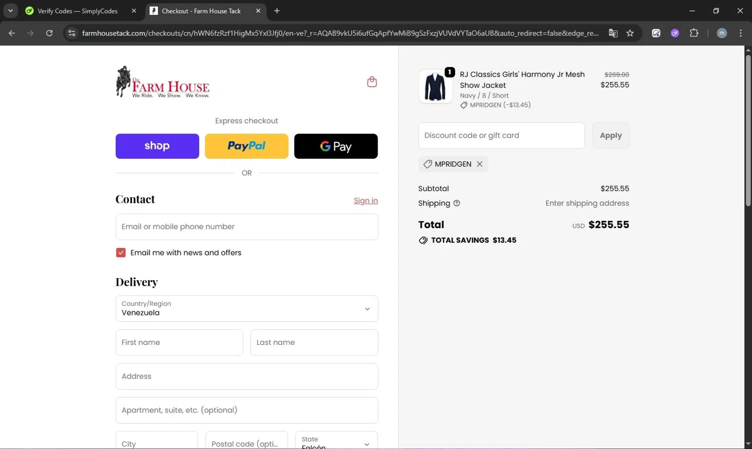 The Farm House Tack Shop promo code screenshot showing code MPRIDGEN applied at The Farm House Tack Shop checkout page. Uploaded by SimplyCodes community member acostaacosta on Dec 21, 2025