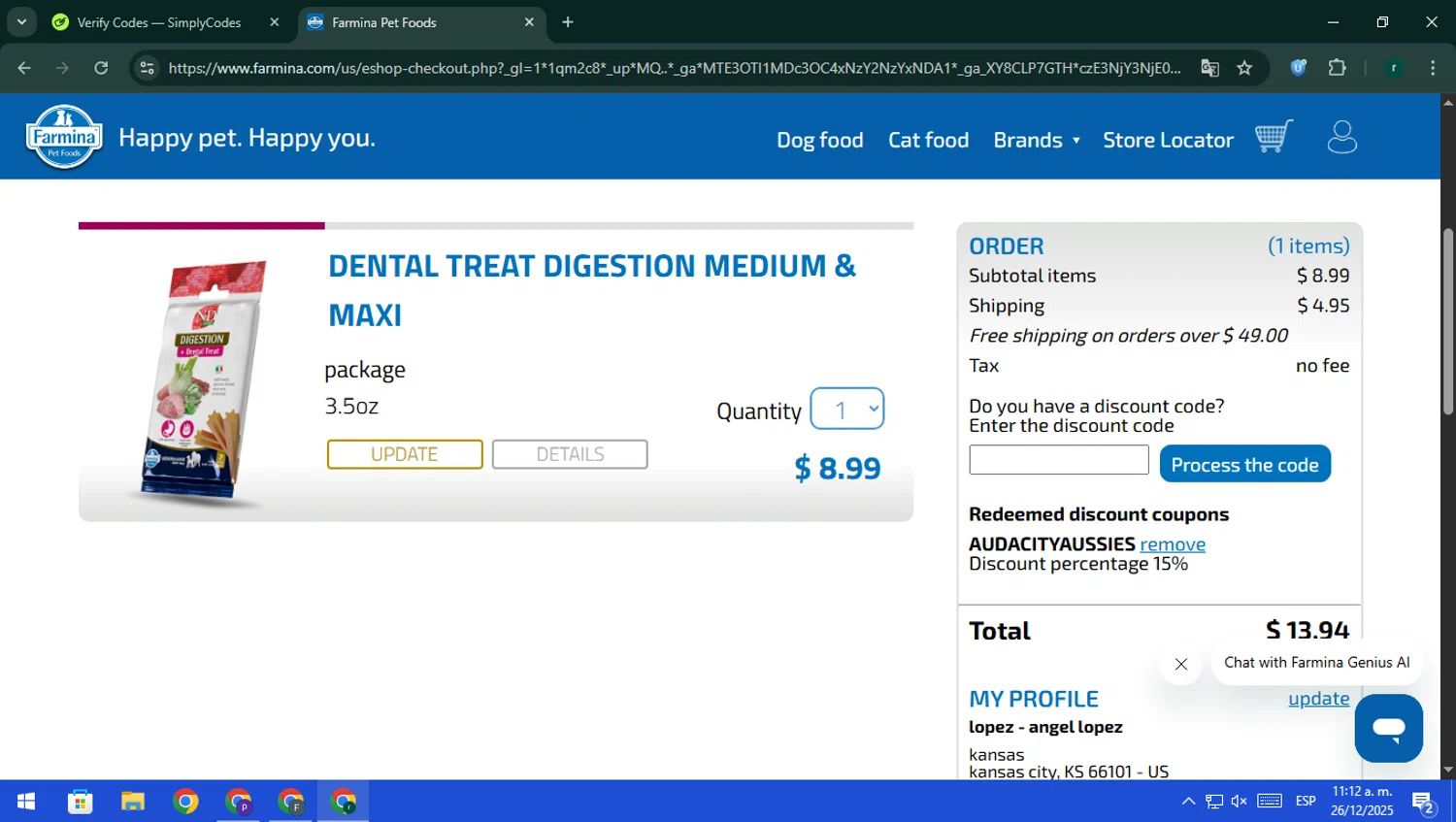 Farmina discount code screenshot showing code AUDACITYAUSSIES applied at Farmina checkout page. Uploaded by SimplyCodes community member rodri1 on Dec 26, 2025