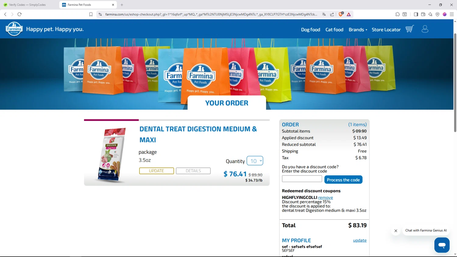 Farmina discount code screenshot showing code HIGHFLYINGCOLLIES15 applied at Farmina checkout page. Uploaded by SimplyCodes community member Alaia2026 on Dec 29, 2025