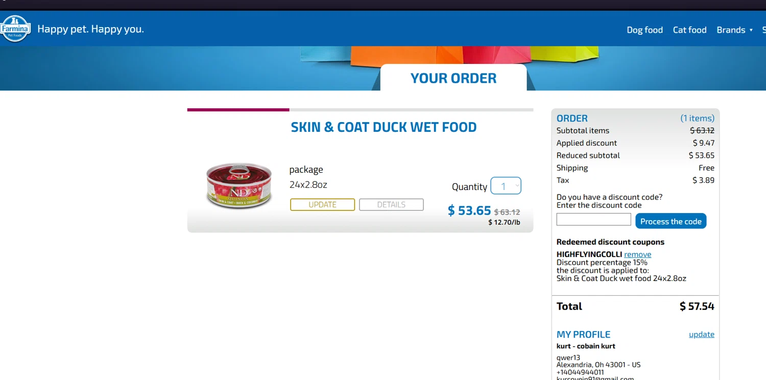 Farmina discount code screenshot showing code HIGHFLYINGCOLLIES15 applied at Farmina checkout page. Uploaded by SimplyCodes community member Halanweik on Jan 27, 2026