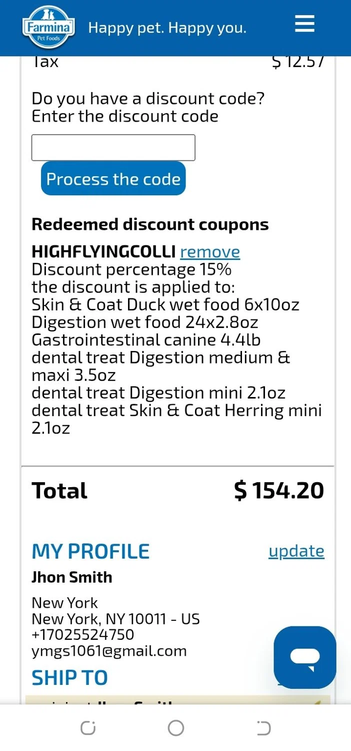 Farmina discount code screenshot showing code HIGHFLYINGCOLLIES15 applied at Farmina checkout page. Uploaded by SimplyCodes community member yajairagonzalez1 on Nov 30, 2025