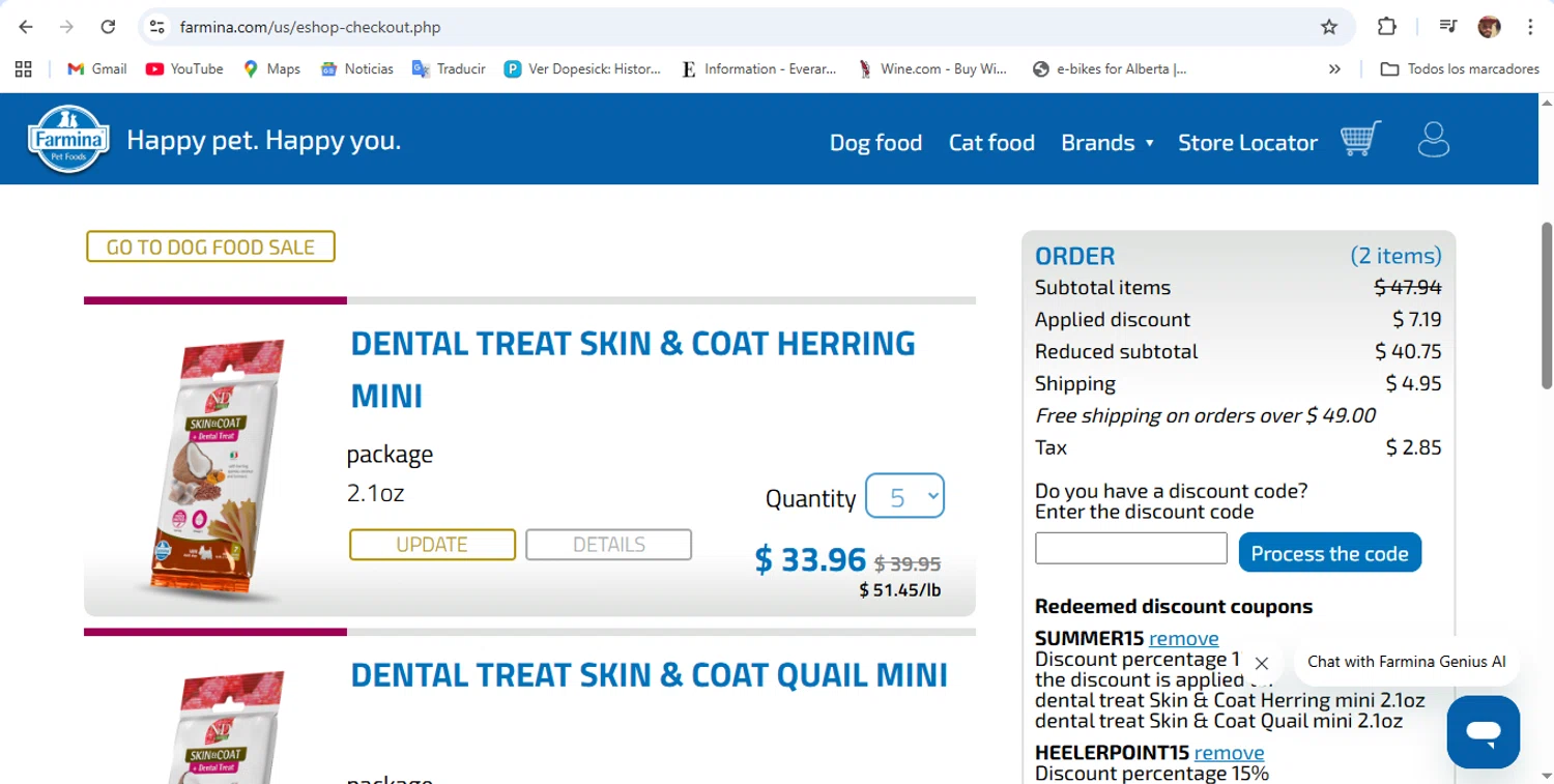 Farmina discount code screenshot showing code HEELERPOINT15 applied at Farmina checkout page. Uploaded by SimplyCodes community member DanyRey10 on Sep 3, 2025
