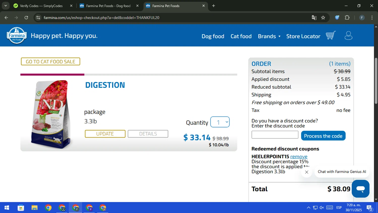 Farmina discount code screenshot showing code HEELERPOINT15 applied at Farmina checkout page. Uploaded by SimplyCodes community member pajarito on Nov 30, 2025