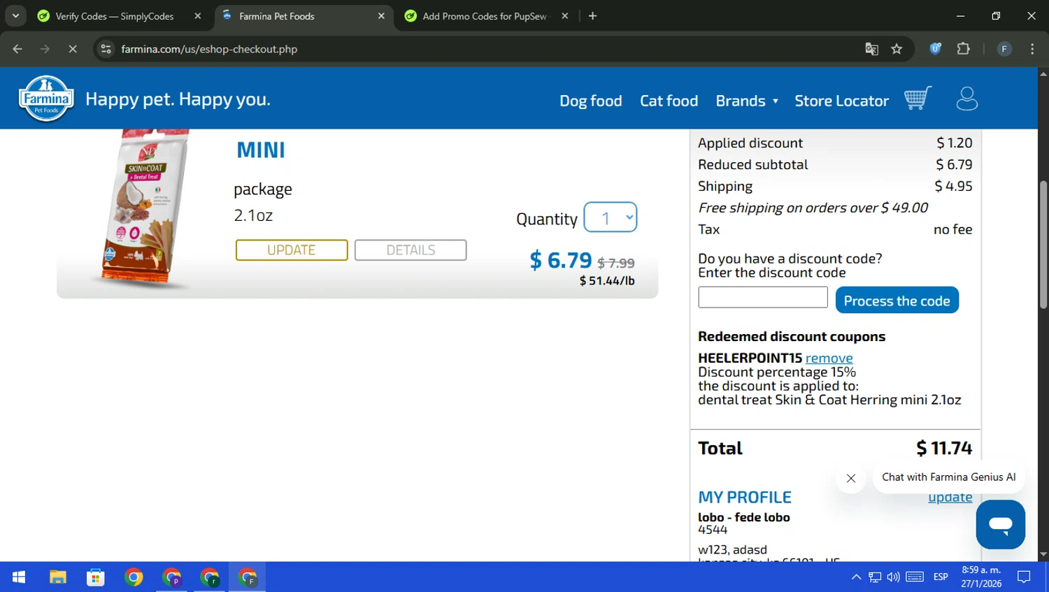 Farmina checkout page showing Farmina discount code box | Screenshot taken by SimplyCodes community member on Jan 27, 2026