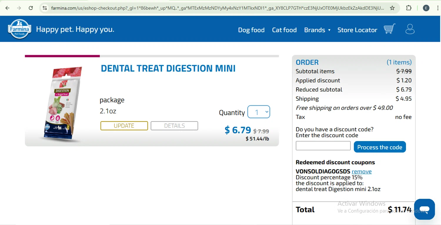 Farmina discount code screenshot showing code VONSOLDIAGOGSDS applied at Farmina checkout page. Uploaded by SimplyCodes community member SilverKnight4465 on Dec 8, 2025