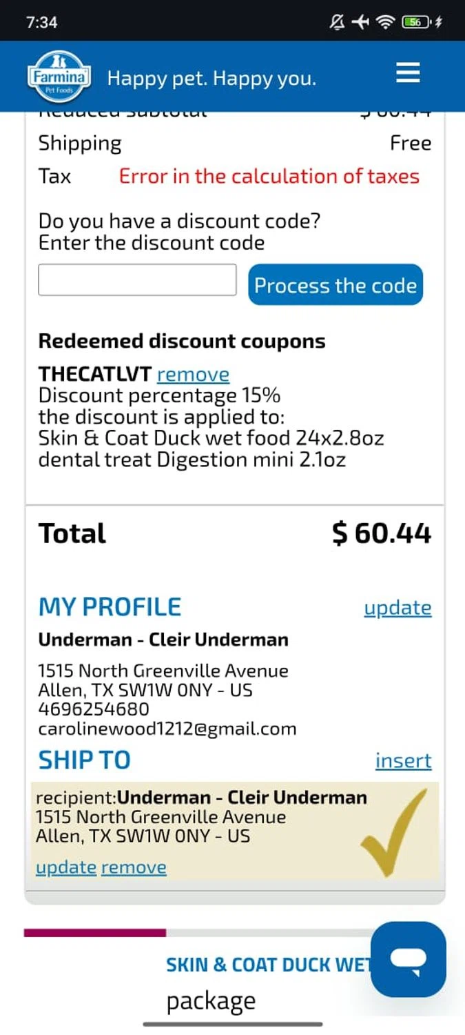 Farmina checkout page showing Farmina discount code box | Screenshot taken by SimplyCodes community member on Jan 27, 2026