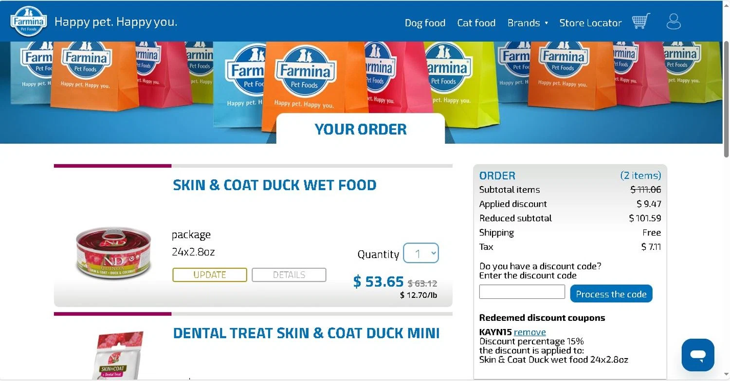 Farmina discount code screenshot showing code KAYN15 applied at Farmina checkout page. Uploaded by SimplyCodes community member LAMINEJAMAL on Jan 27, 2026