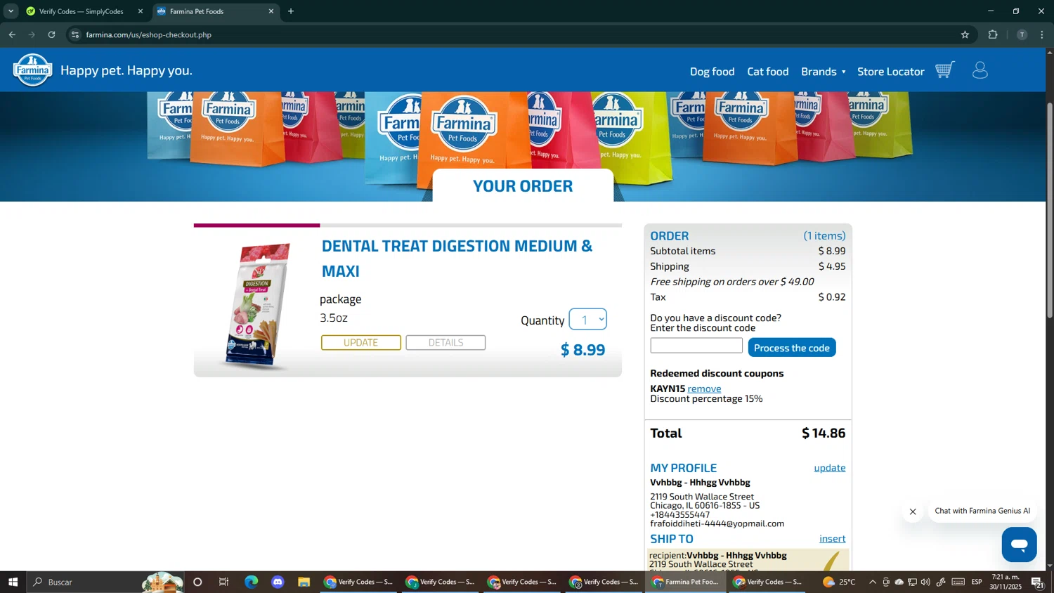 Farmina discount code screenshot showing code KAYN15 applied at Farmina checkout page. Uploaded by SimplyCodes community member Makemusic on Nov 30, 2025