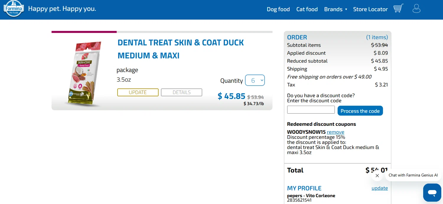 Farmina checkout page showing Farmina discount code box | Screenshot taken by SimplyCodes community member on Jan 31, 2026