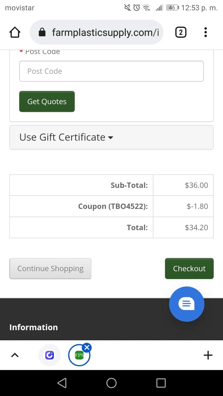 Farm Plastic Supply checkout page showing Farm Plastic Supply coupon code box | Screenshot taken by SimplyCodes community member on Apr 9, 2022