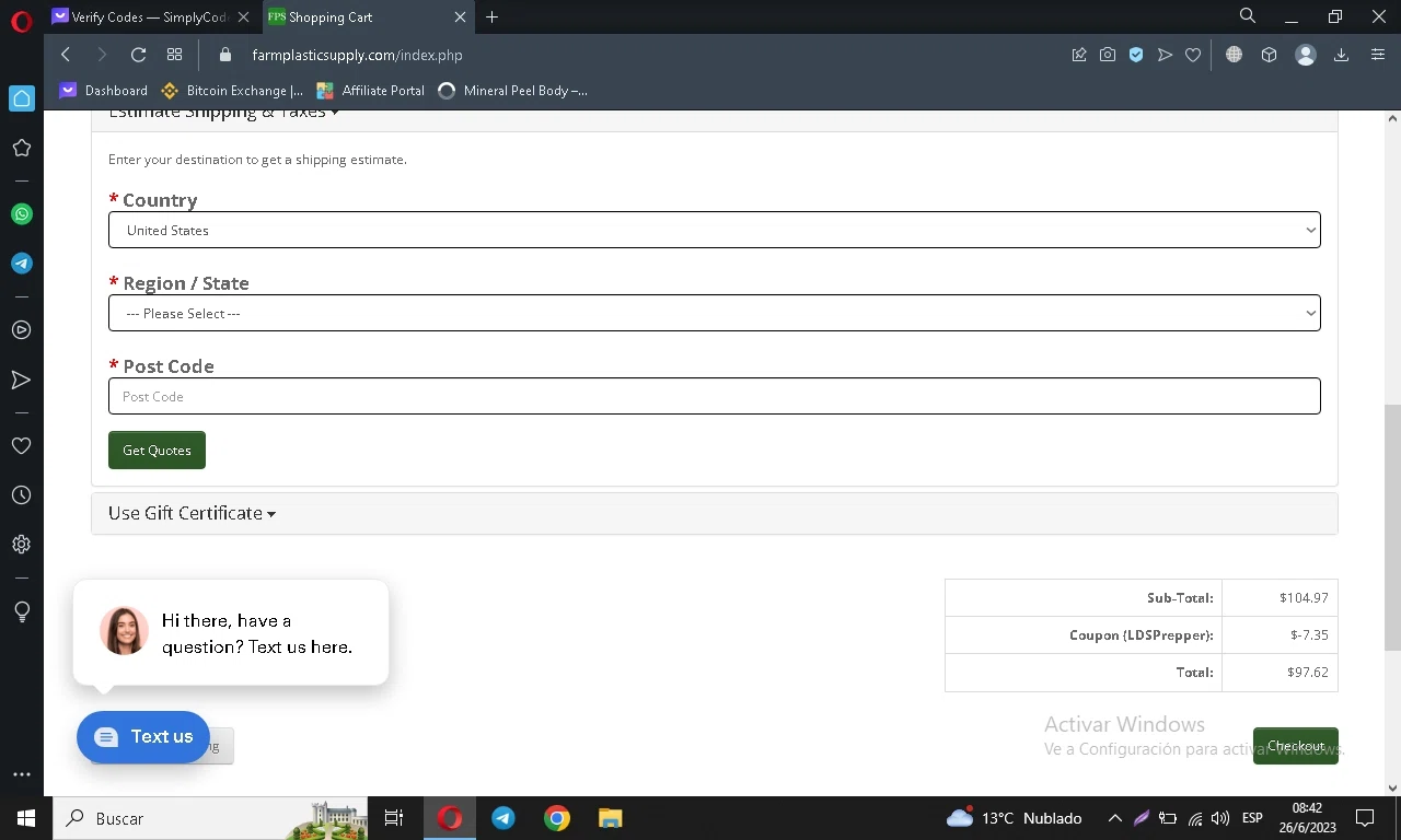 Farm Plastic Supply checkout page showing Farm Plastic Supply coupon code box | Screenshot taken by SimplyCodes community member on Jun 26, 2023