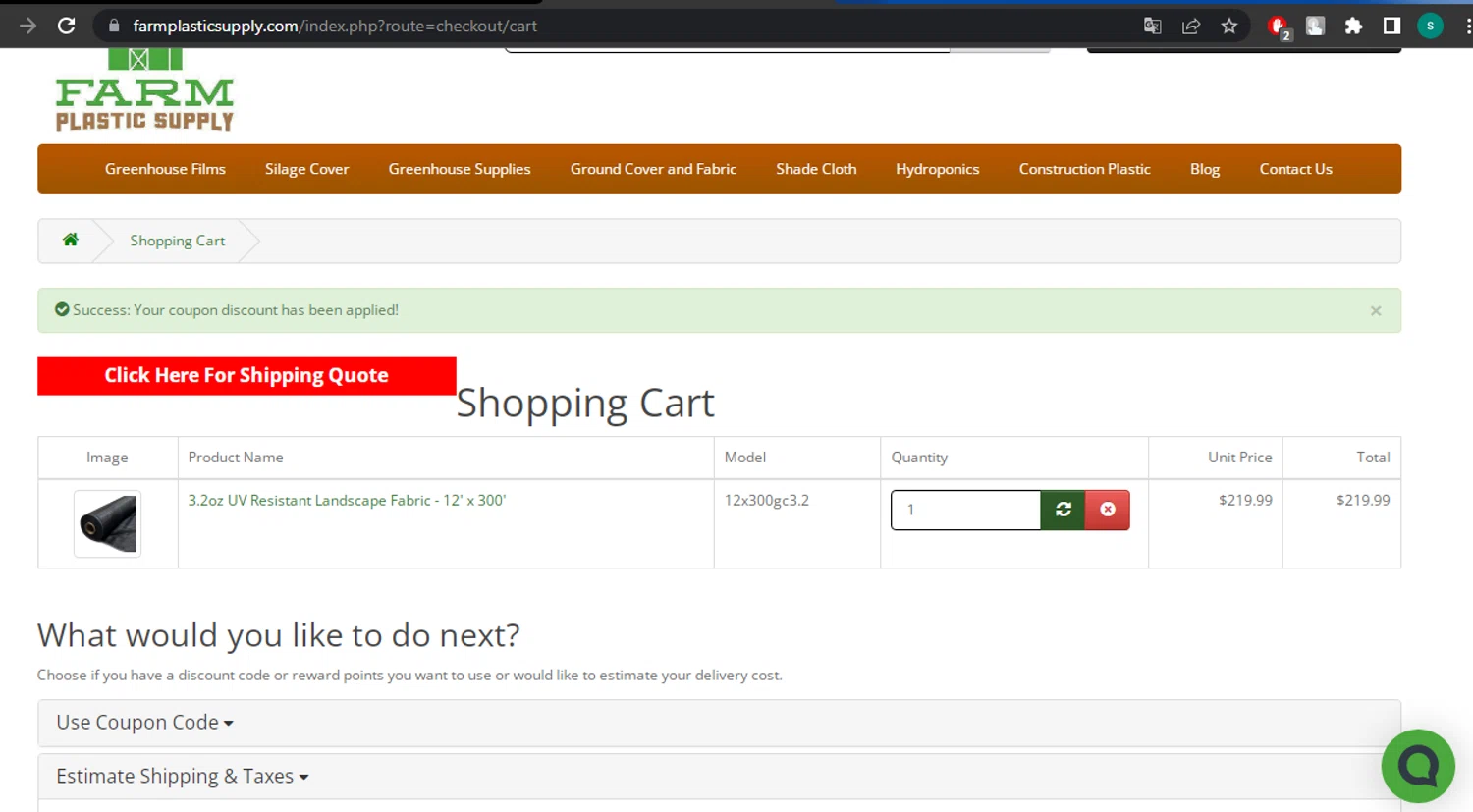 Farm Plastic Supply checkout page showing Farm Plastic Supply coupon code box | Screenshot taken by SimplyCodes community member on Oct 20, 2023