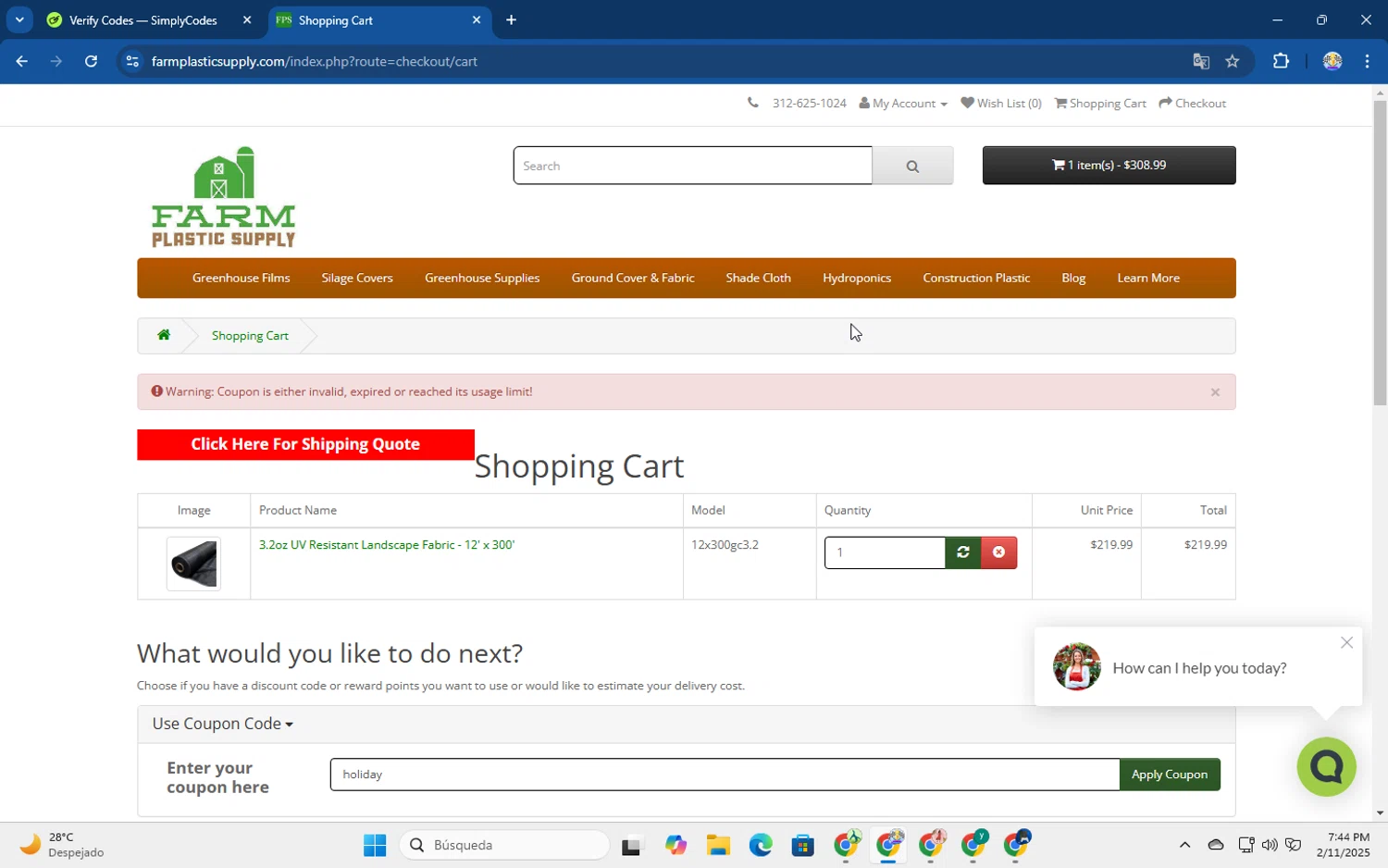 Farm Plastic Supply coupon code screenshot showing code holiday applied at Farm Plastic Supply checkout page. Uploaded by SimplyCodes community member Bope_________ on Feb 11, 2025