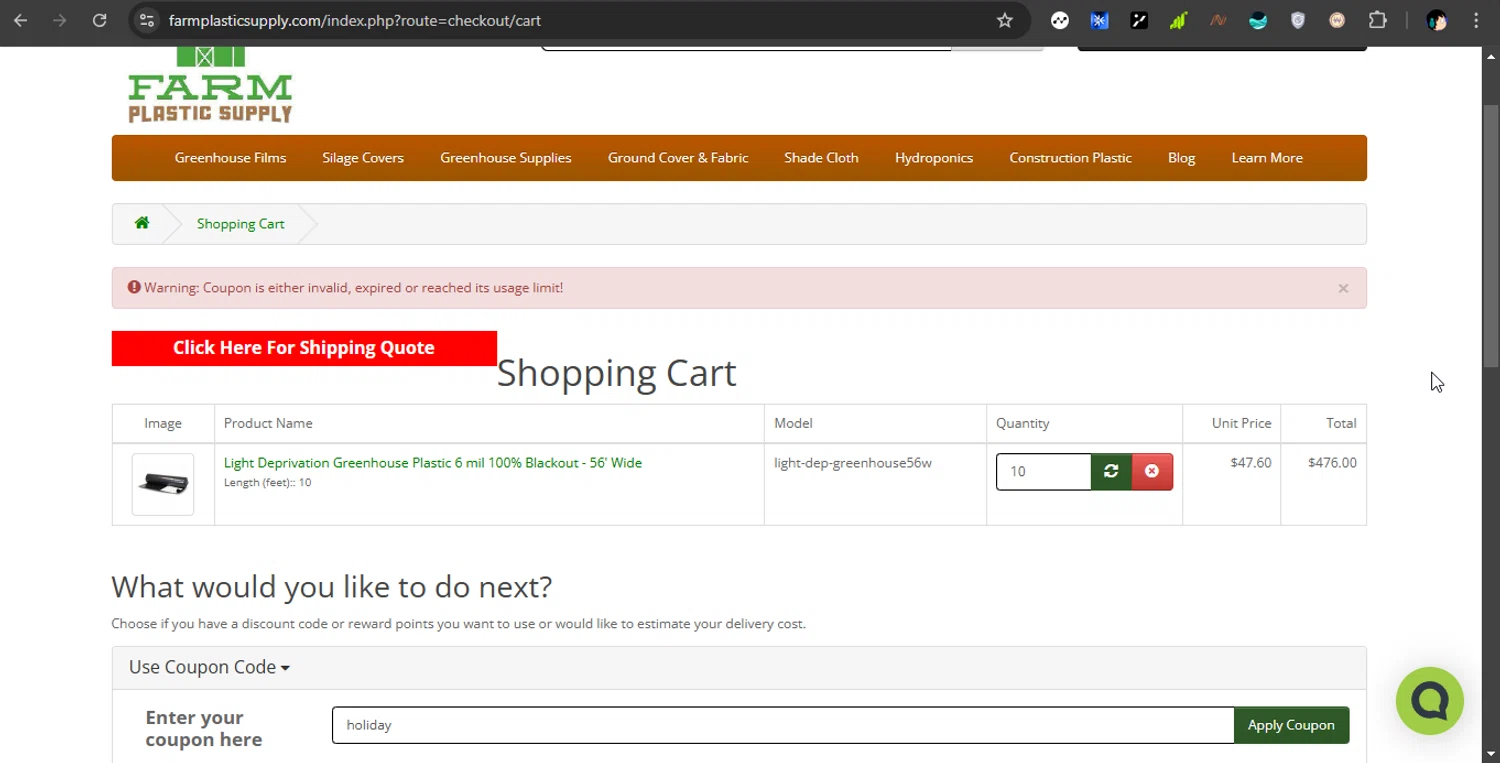 Farm Plastic Supply coupon code screenshot showing code holiday applied at Farm Plastic Supply checkout page. Uploaded by SimplyCodes community member PrimeShopper6600 on Dec 31, 2024
