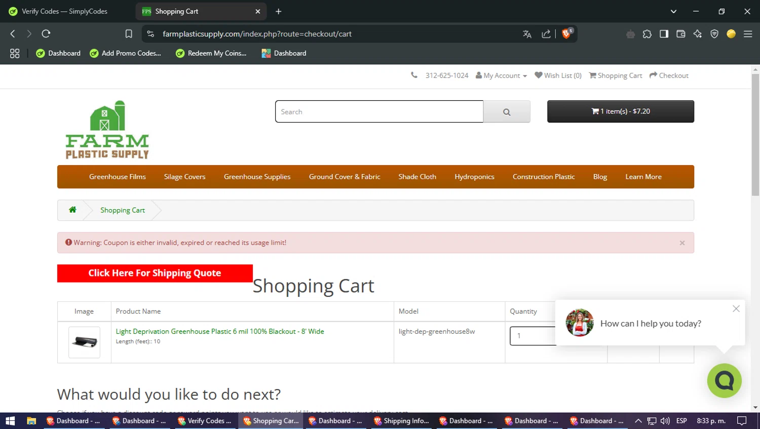 Farm Plastic Supply coupon code screenshot showing code green2 applied at Farm Plastic Supply checkout page. Uploaded by SimplyCodes community member VENDOCOCA on Feb 28, 2025