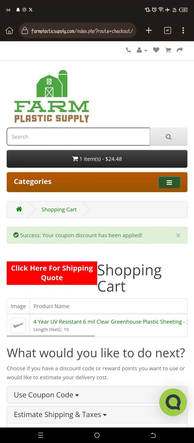 Farm Plastic Supply checkout page showing Farm Plastic Supply coupon code box | Screenshot taken by SimplyCodes community member on Jun 26, 2024