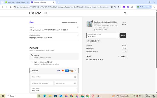 FARM Rio checkout page showing FARM Rio discount code box | Screenshot taken by SimplyCodes community member on Sep 1, 2025