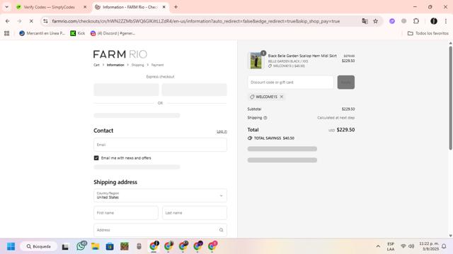 FARM Rio checkout page showing FARM Rio discount code box | Screenshot taken by SimplyCodes community member on Sep 4, 2025