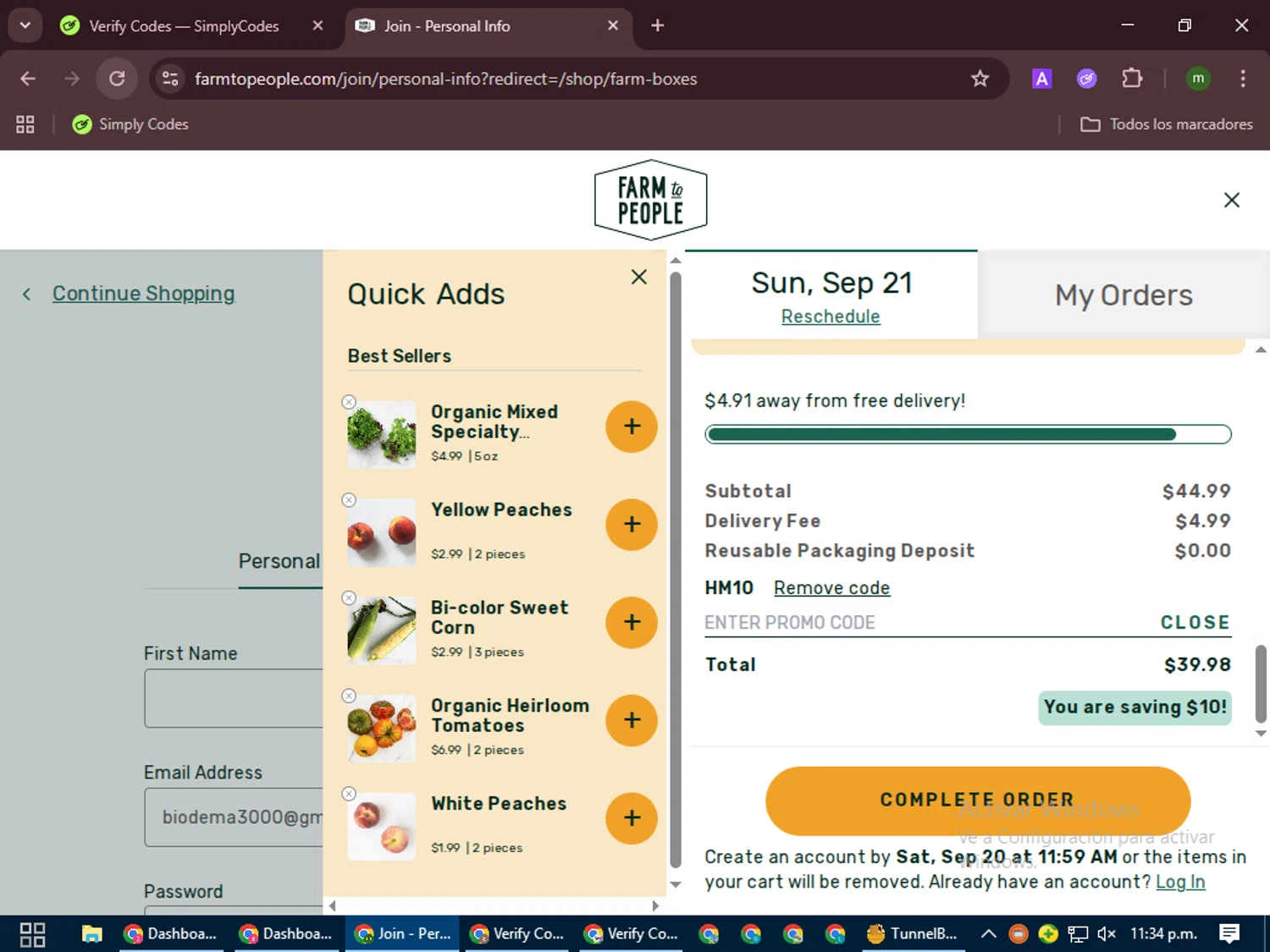Farm to People promo code screenshot showing code HM10 applied at Farm to People checkout page. Uploaded by SimplyCodes community member VoucherCollector9196 on Sep 20, 2025