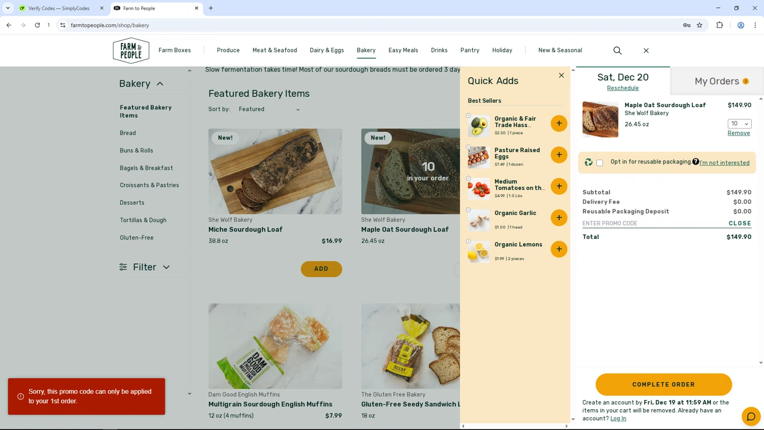 Farm to People promo code screenshot showing code SABAH25 applied at Farm to People checkout page. Uploaded by SimplyCodes community member Dizlike on Dec 14, 2025