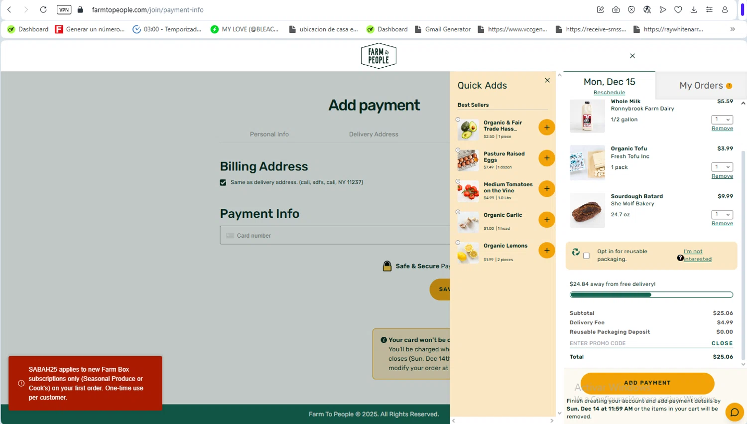 Farm to People promo code screenshot showing code SABAH25 applied at Farm to People checkout page. Uploaded by SimplyCodes community member ScanSaver5253 on Dec 14, 2025