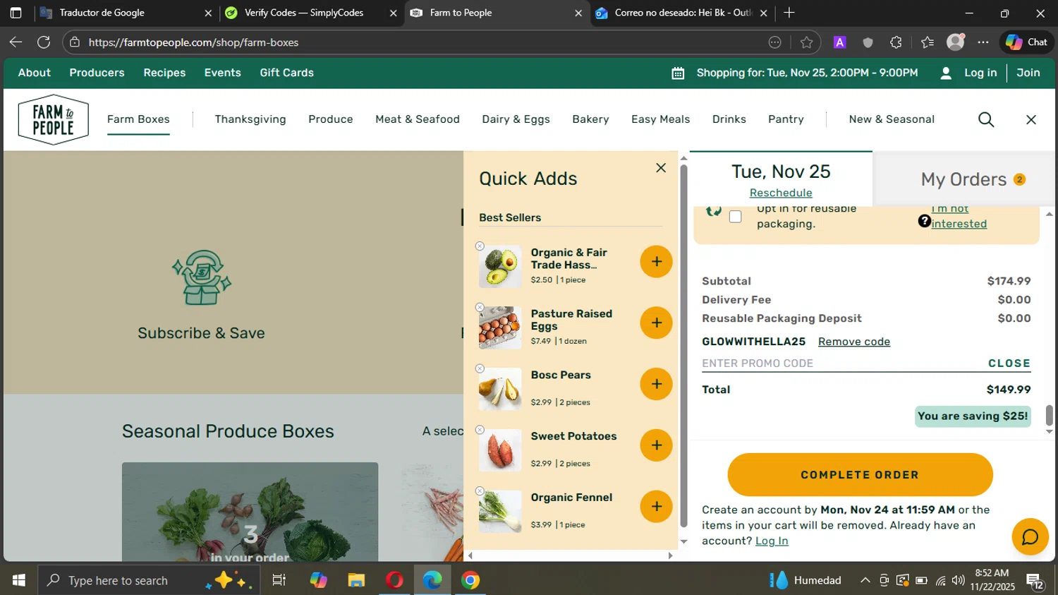 Farm to People promo code screenshot showing code GLOWWITHELLA25 applied at Farm to People checkout page. Uploaded by SimplyCodes community member Metal02Truck on Nov 22, 2025
